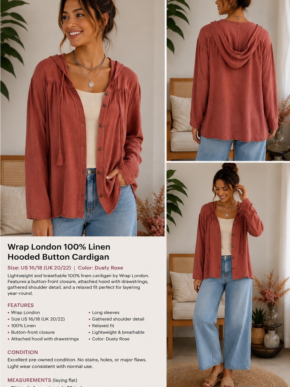 Wrap London Rosewood Linen Hoodie Cardigan